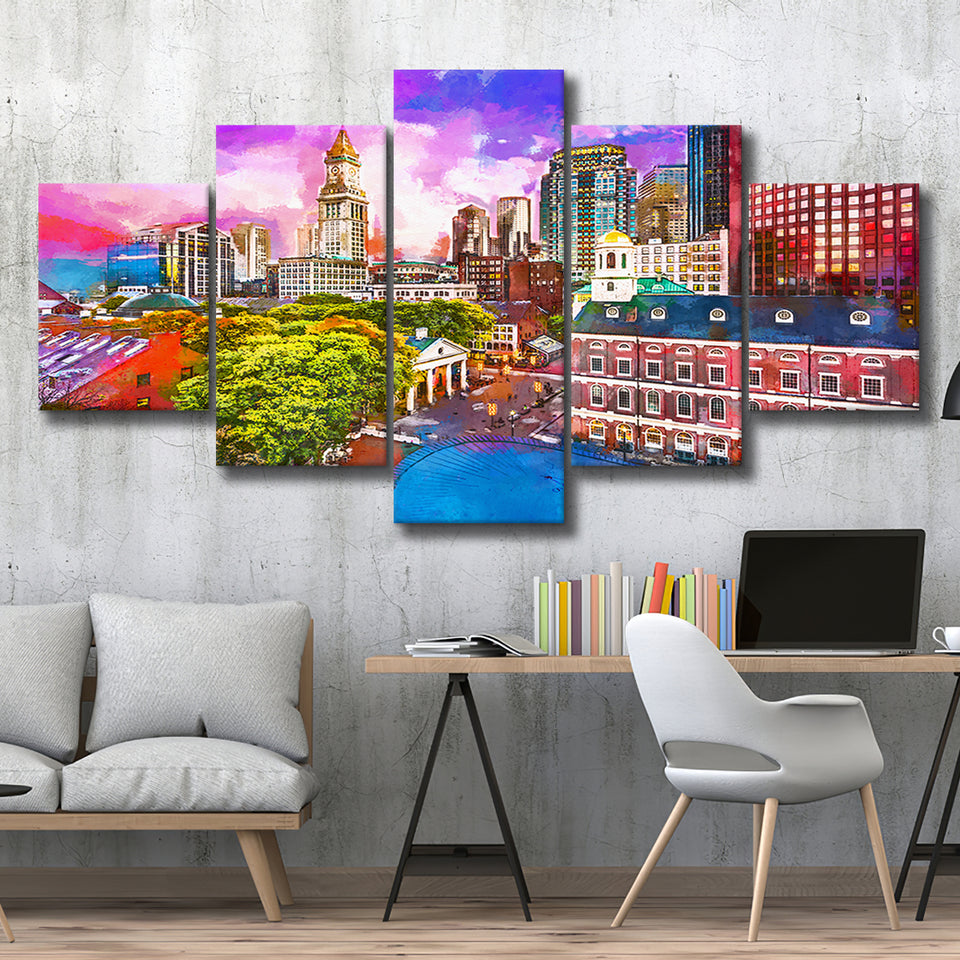 Boston Massachusetts Usa Historic Skyline Dusk 5 Pieces Mixed Canvas Prints Wall Art Home Decor