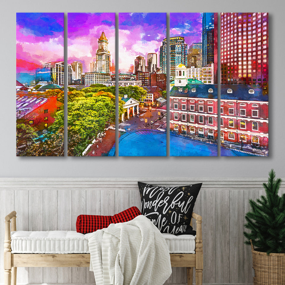 Boston Massachusetts Usa Historic Skyline Dusk 5 Pieces Extra Large Canvas Prints Wall Art Home Decor