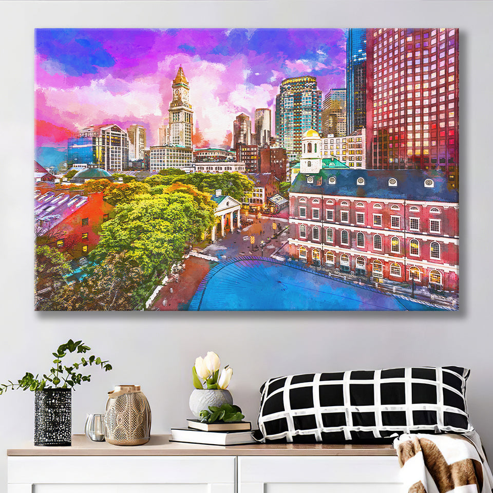 Boston Massachusetts Usa Historic Skyline Dusk City Art Watercolor Canvas Prints Wall Art Home Decor, Large Canvas