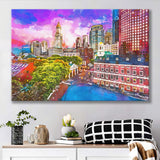 Boston Massachusetts Usa Historic Skyline Dusk City Art Watercolor Canvas Prints Wall Art Home Decor, Large Canvas