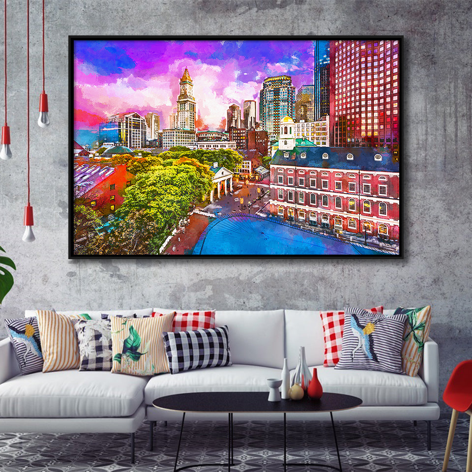 Boston Massachusetts Usa Historic Skyline Dusk City Art Watercolor Framed Canvas Prints Wall Art Home Decor,Floating Frame