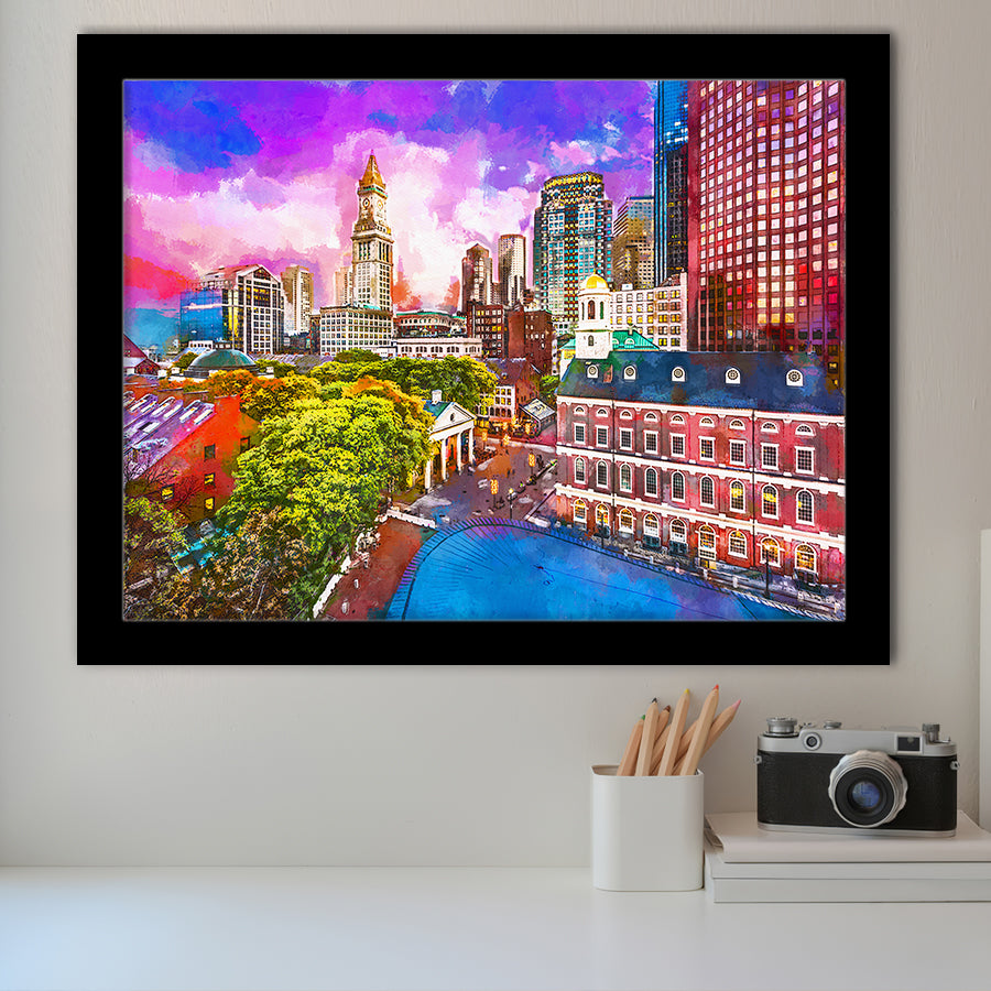 Boston Massachusetts Usa Historic Skyline Dusk City Art Watercolor Framed Art Prints Wall Art Decor,Framed Picture