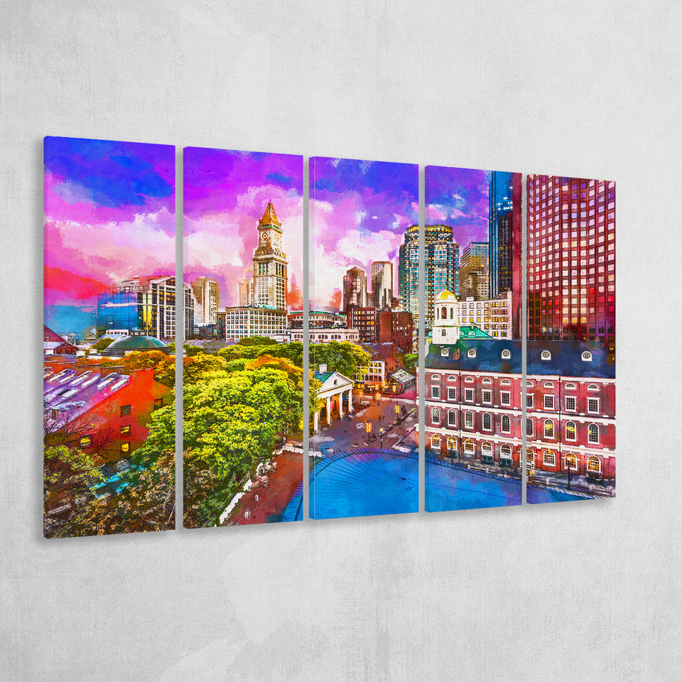 Boston Massachusetts Usa Historic Skyline Dusk 5 Pieces Extra Large Canvas Prints Wall Art Home Decor