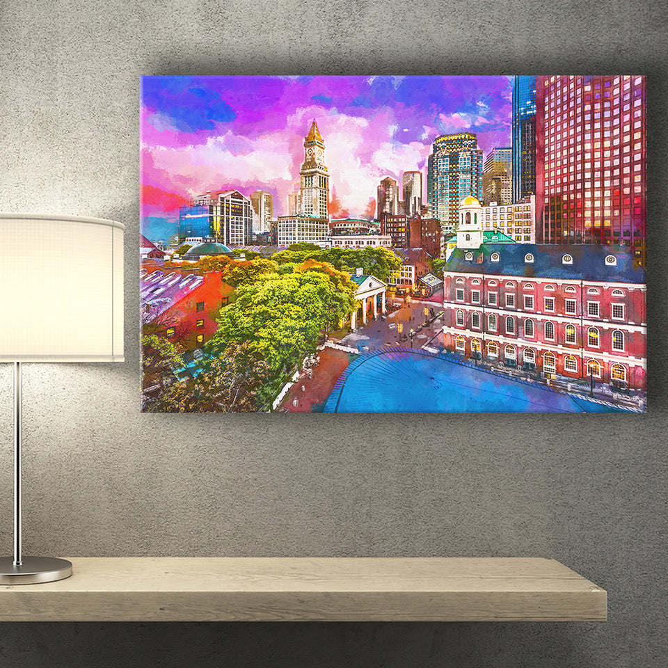Boston Massachusetts Usa Historic Skyline Dusk City Art Watercolor Canvas Prints Wall Art Home Decor, Large Canvas
