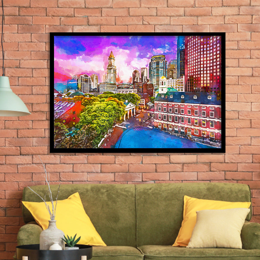 Boston Massachusetts Usa Historic Skyline Dusk City Art Watercolor Framed Art Prints Wall Art Decor,Framed Picture