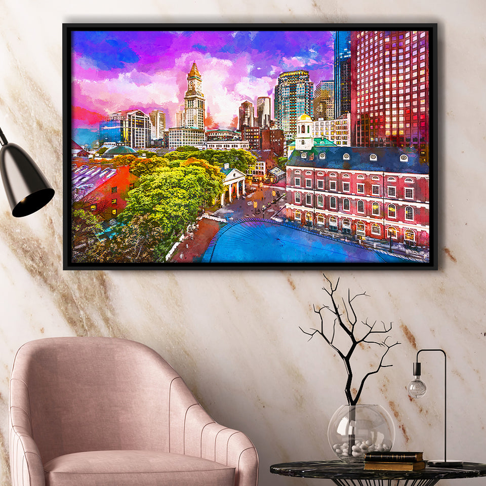 Boston Massachusetts Usa Historic Skyline Dusk City Art Watercolor Framed Canvas Prints Wall Art Home Decor,Floating Frame