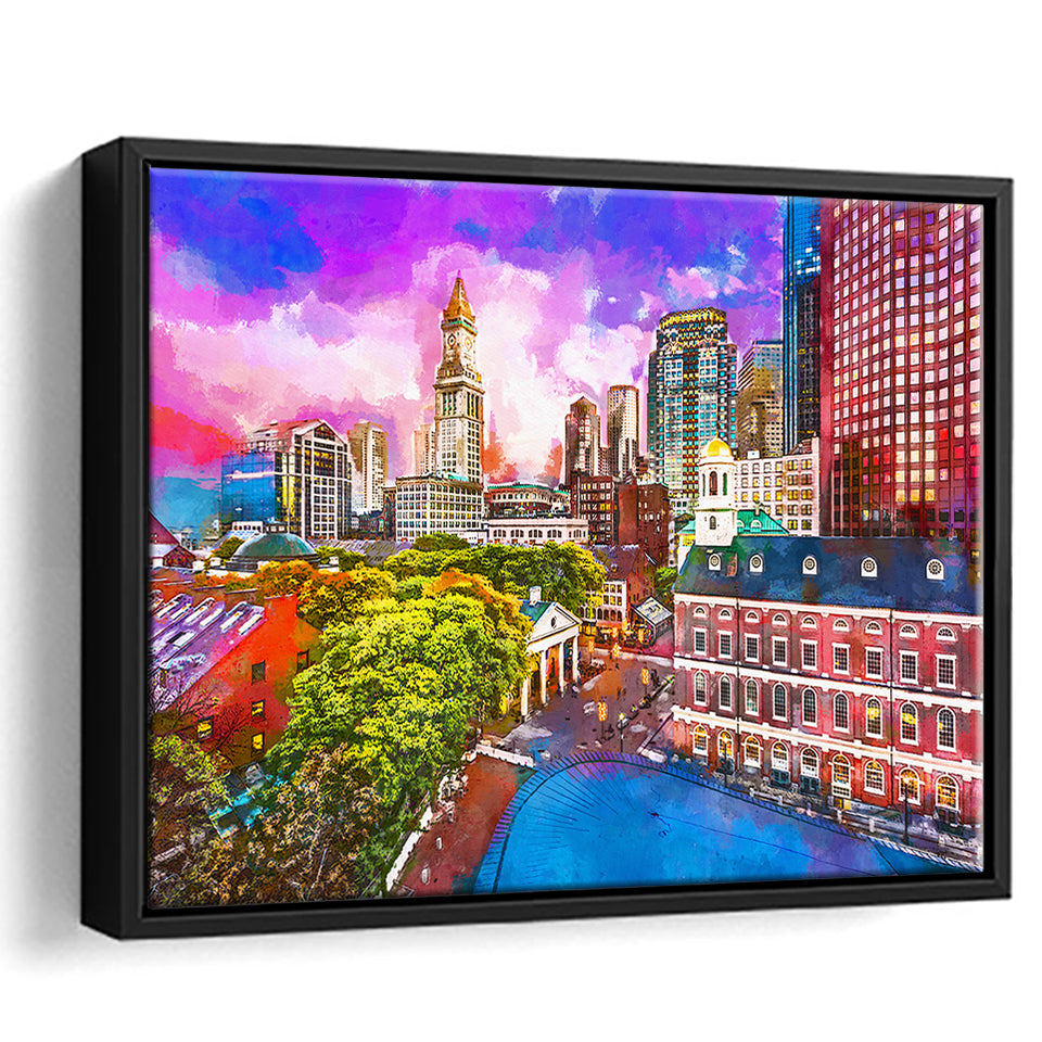 Boston Massachusetts Usa Historic Skyline Dusk City Art Watercolor Framed Canvas Prints Wall Art Home Decor,Floating Frame