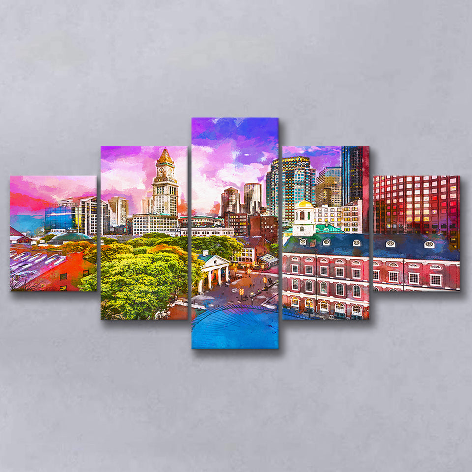 Boston Massachusetts Usa Historic Skyline Dusk 5 Pieces Mixed Canvas Prints Wall Art Home Decor
