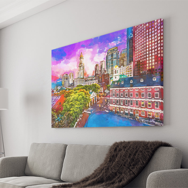 Boston Massachusetts Usa Historic Skyline Dusk City Art Watercolor Canvas Prints Wall Art Home Decor, Large Canvas