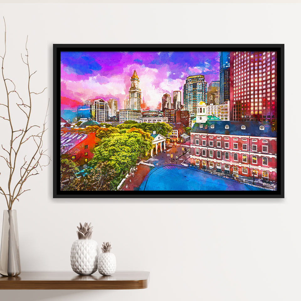 Boston Massachusetts Usa Historic Skyline Dusk City Art Watercolor Framed Canvas Prints Wall Art Home Decor,Floating Frame