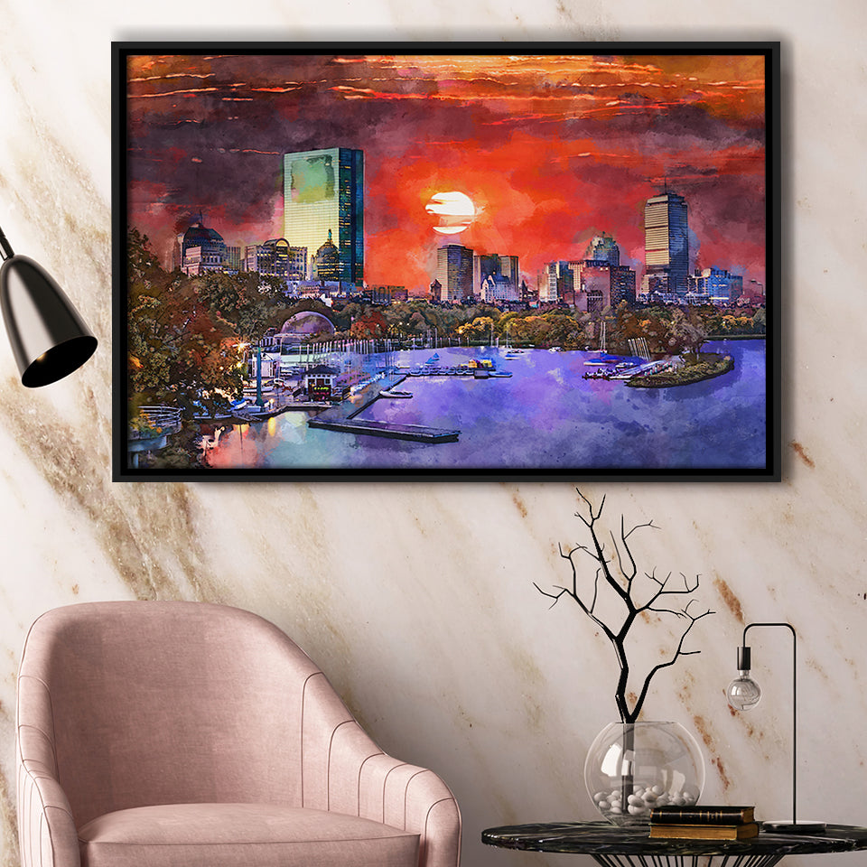 Boston Massachusetts Usa Skyline V1 City Art Watercolor Framed Canvas Prints Wall Art Home Decor,Floating Frame