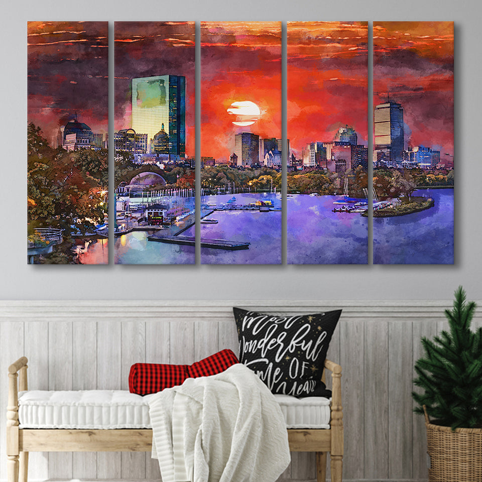 Boston Massachusetts Usa Skyline V1 5 Pieces Extra Large Canvas Prints Wall Art Home Decor