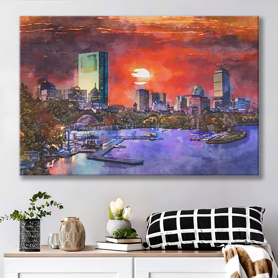 Boston Massachusetts Usa Skyline V1 City Art Watercolor Canvas Prints Wall Art Home Decor, Large Canvas