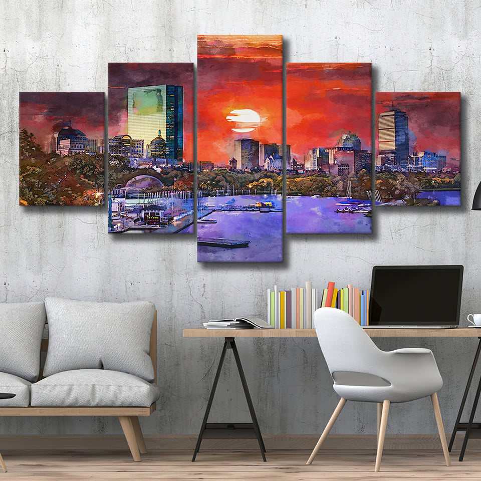 Boston Massachusetts Usa Skyline V1 5 Pieces Mixed Canvas Prints Wall Art Home Decor