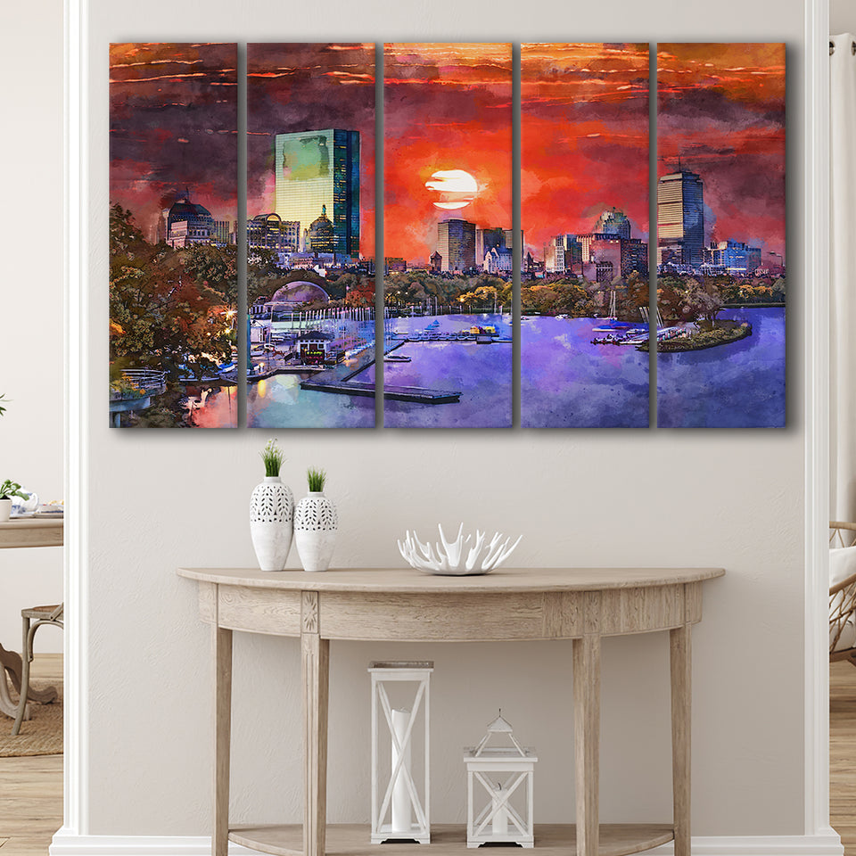 Boston Massachusetts Usa Skyline V1 5 Pieces Extra Large Canvas Prints Wall Art Home Decor
