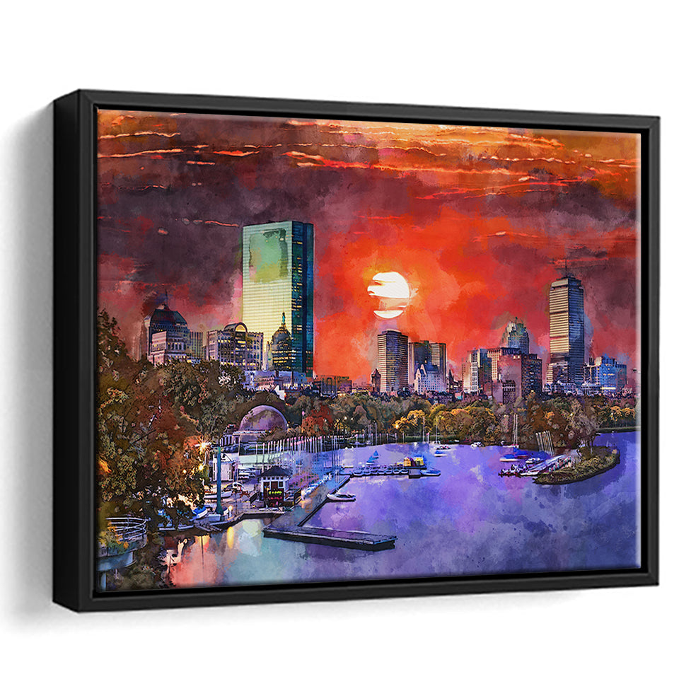 Boston Massachusetts Usa Skyline V1 City Art Watercolor Framed Canvas Prints Wall Art Home Decor,Floating Frame