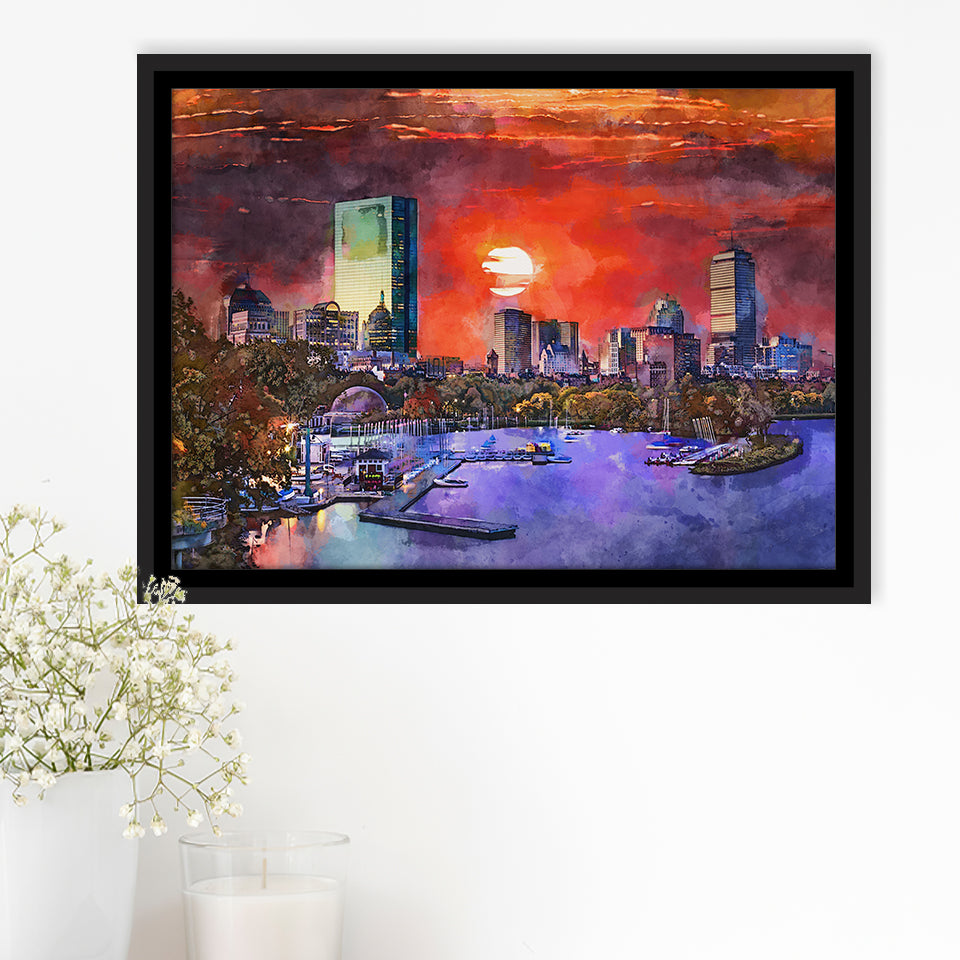 Boston Massachusetts Usa Skyline V1 City Art Watercolor Framed Canvas Prints Wall Art Home Decor,Floating Frame