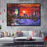 Boston Massachusetts Usa Skyline V1 City Art Watercolor Framed Canvas Prints Wall Art Home Decor,Floating Frame