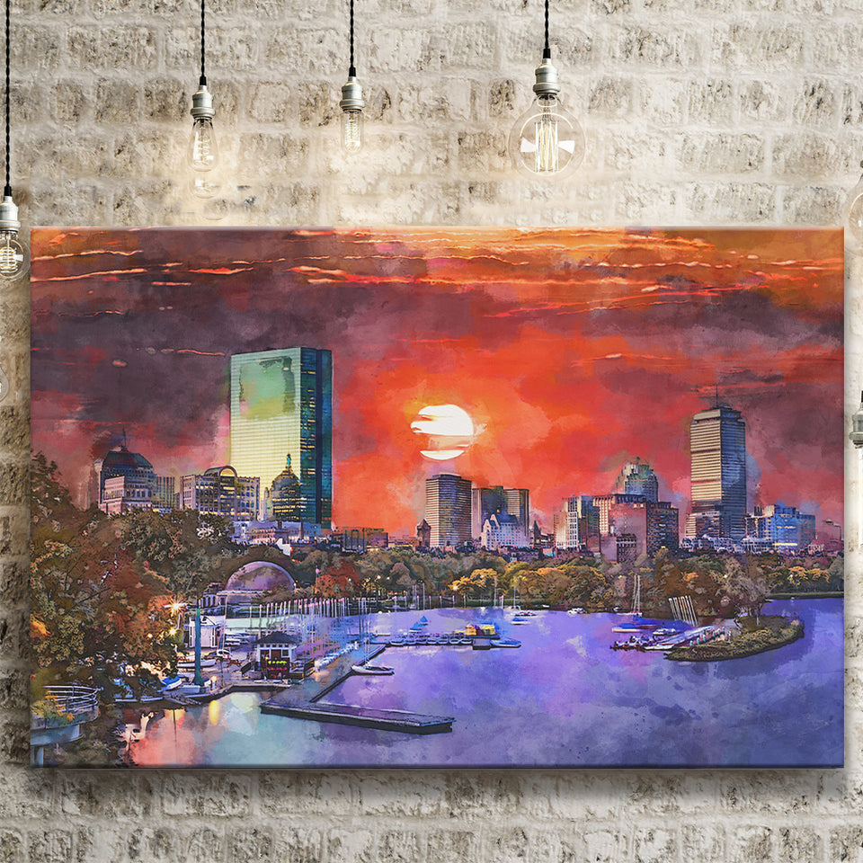 Boston Massachusetts Usa Skyline V1 City Art Watercolor Canvas Prints Wall Art Home Decor, Large Canvas