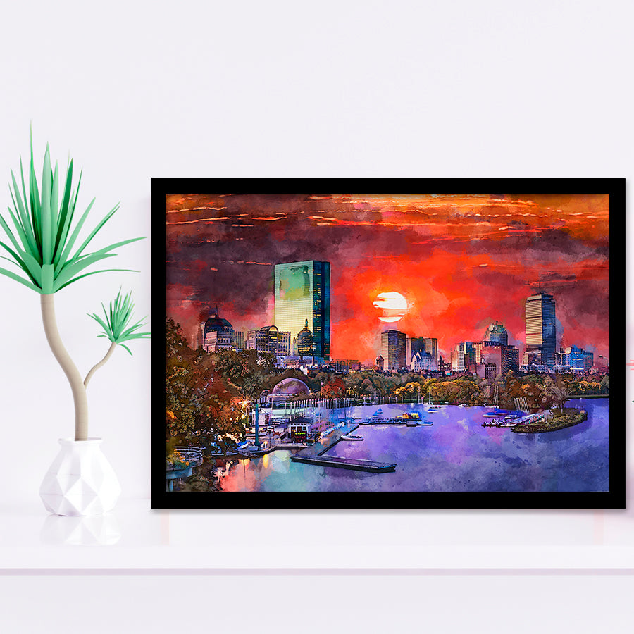 Boston Massachusetts Usa Skyline V1 City Art Watercolor Framed Art Prints Wall Art Decor,Framed Picture