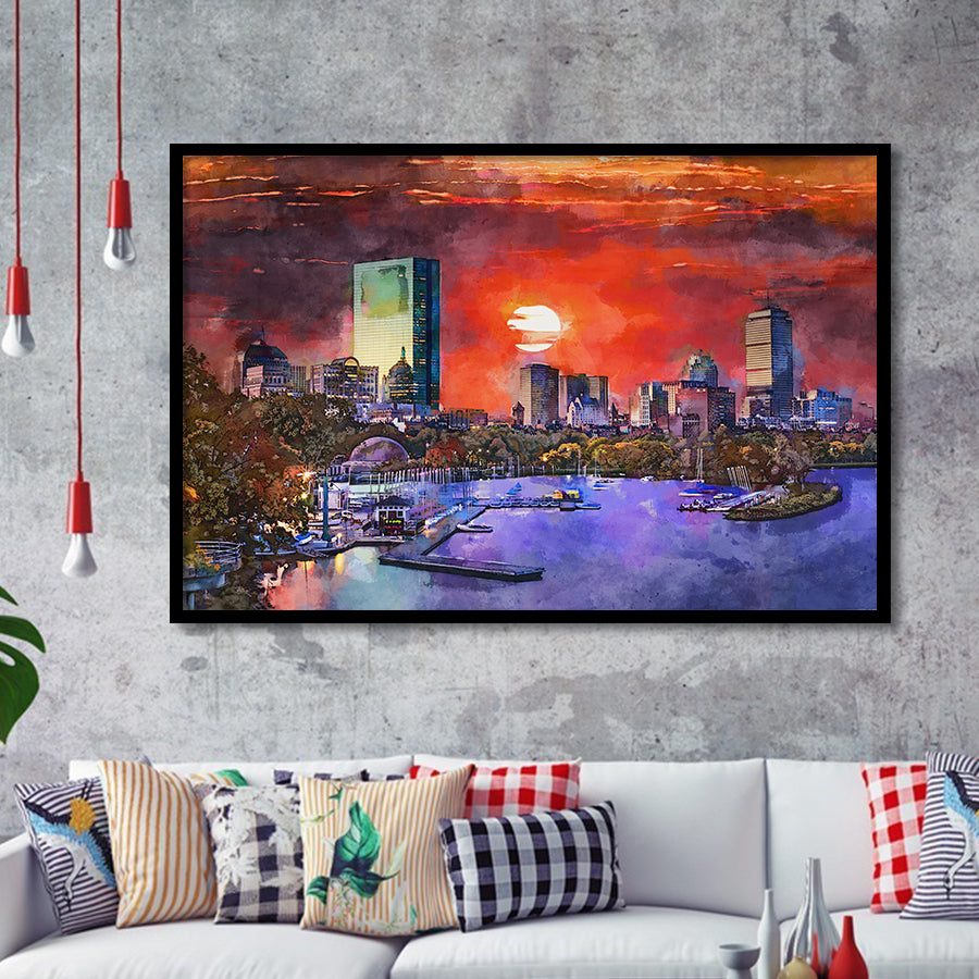 Boston Massachusetts Usa Skyline V1 City Art Watercolor Framed Art Prints Wall Art Decor,Framed Picture