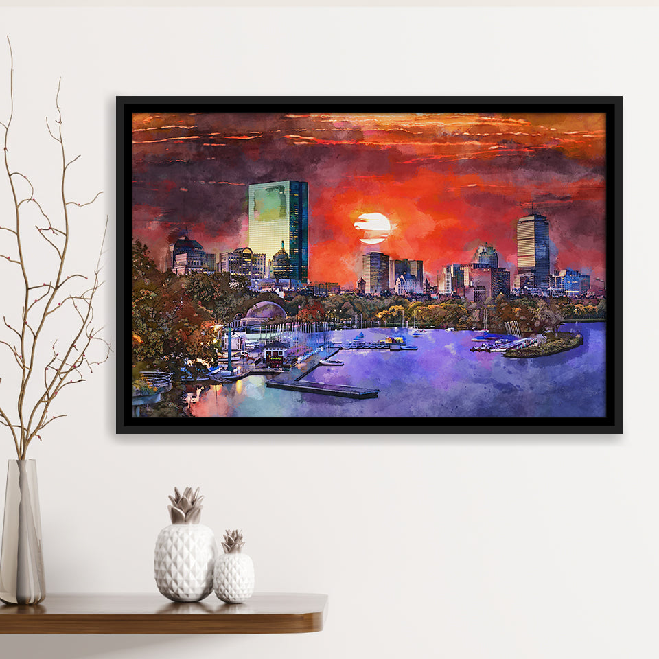 Boston Massachusetts Usa Skyline V1 City Art Watercolor Framed Canvas Prints Wall Art Home Decor,Floating Frame