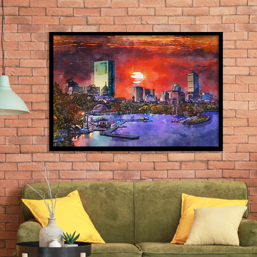 Boston Massachusetts Usa Skyline V1 City Art Watercolor Framed Art Prints Wall Art Decor,Framed Picture