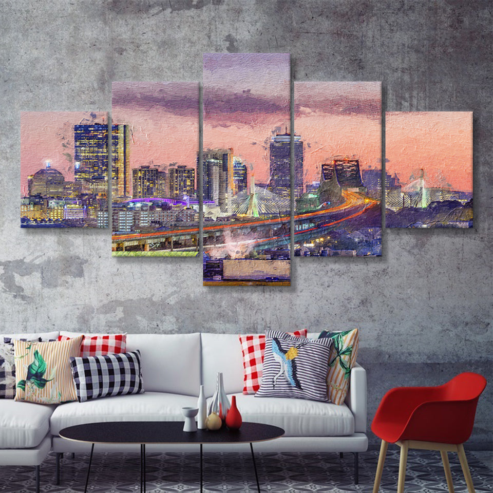 Boston City at Evening 5 Piece Canvas Prints Wall Art Decor - Painting Canvas, Multi Panels