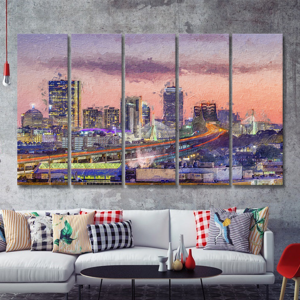 Boston City at Evening 5 Piece B Canvas Prints Wall Art Decor - Painting Canvas, Multi Panels