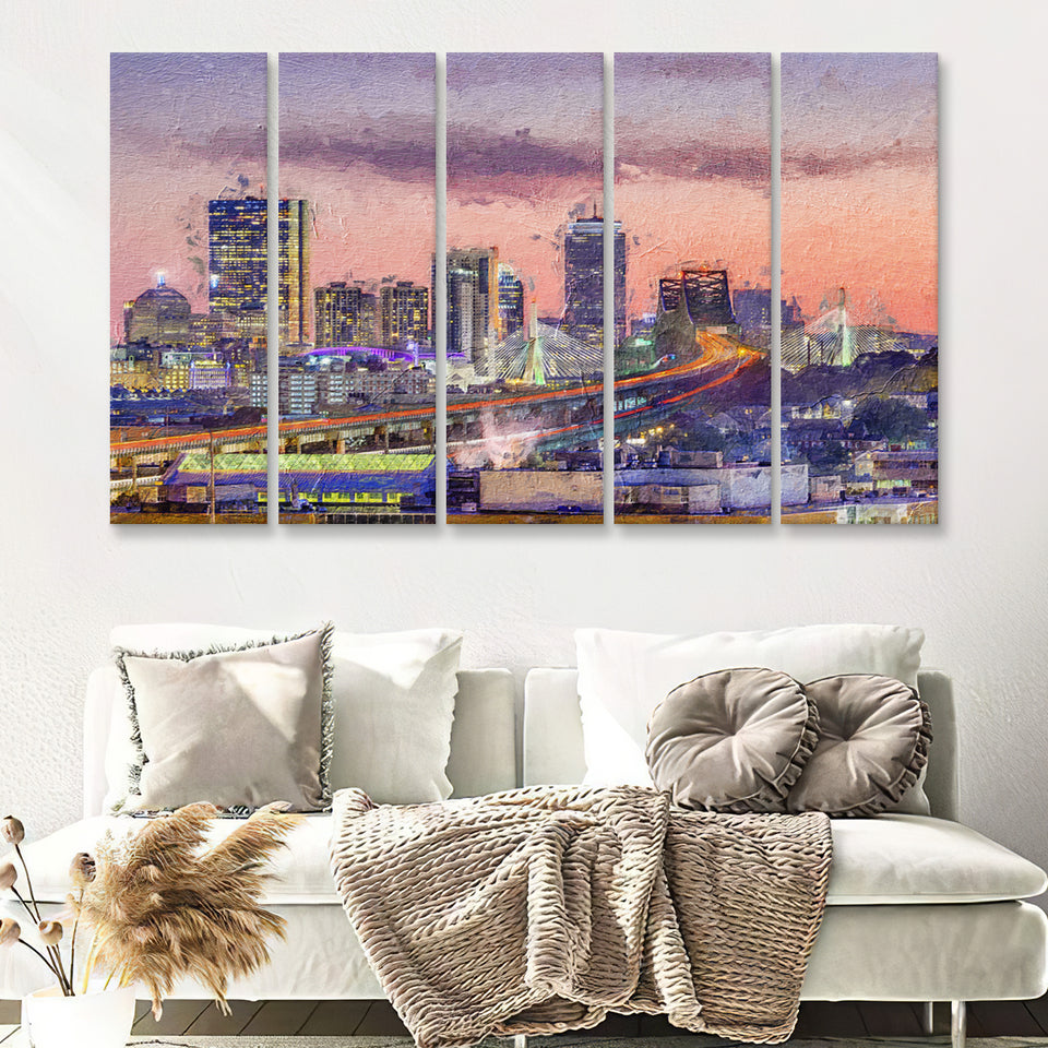Boston City at Evening 5 Piece B Canvas Prints Wall Art Decor - Painting Canvas, Multi Panels
