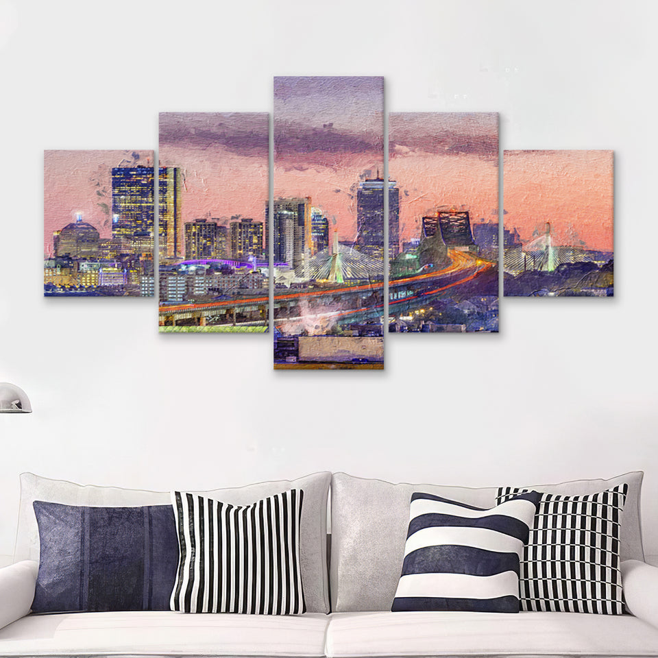 Boston City at Evening 5 Piece Canvas Prints Wall Art Decor - Painting Canvas, Multi Panels
