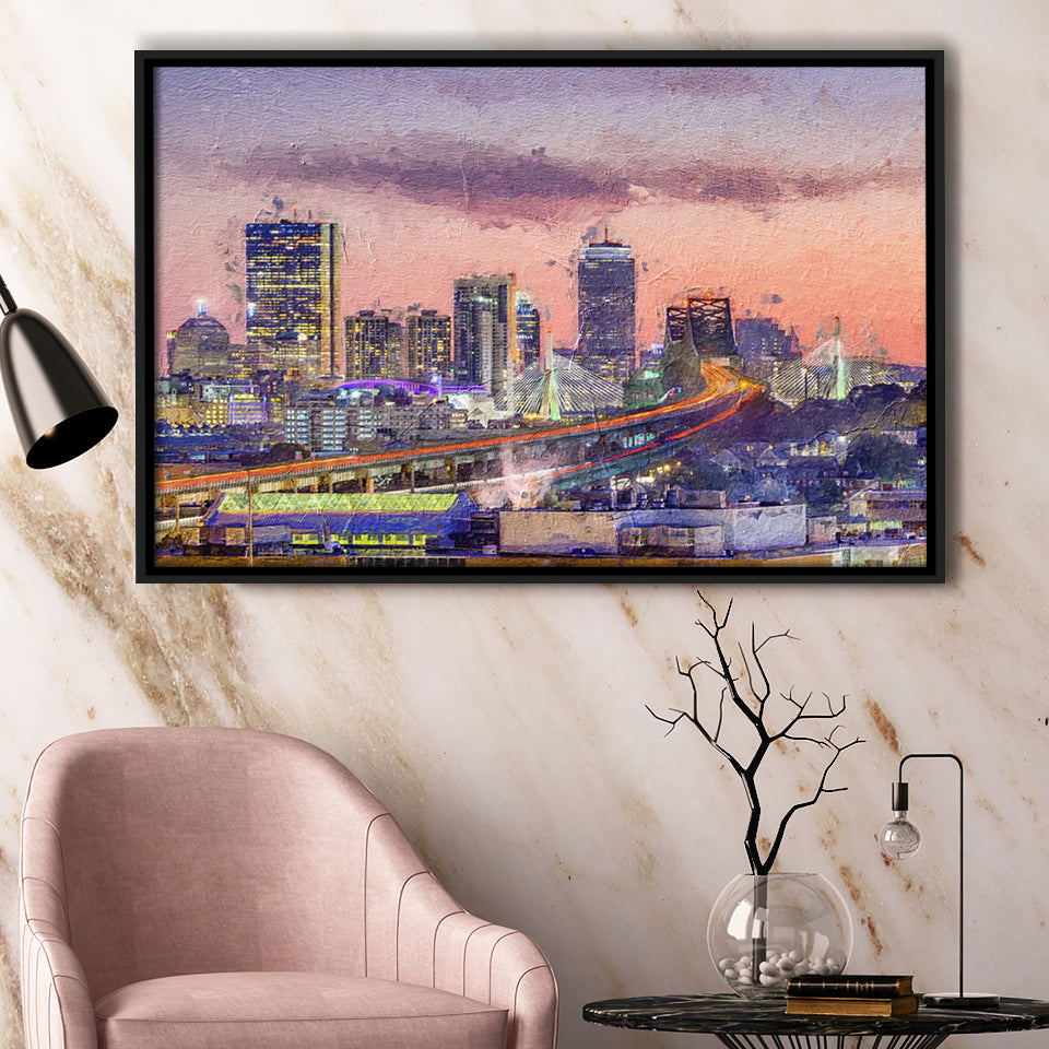 Boston City at Evening Framed Canvas Prints Wall Art Decor - Paiting Canvas, Art Prints, Floating Frame