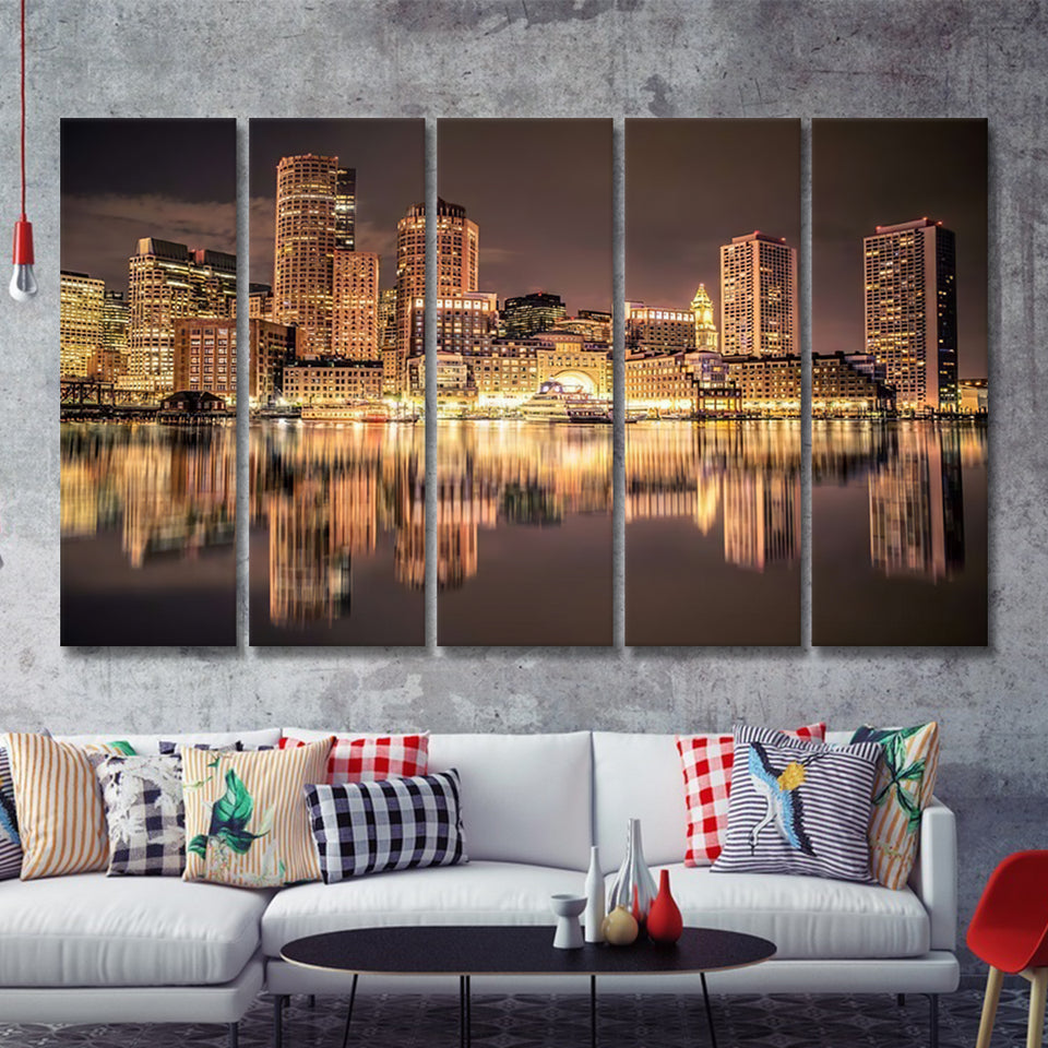 Boston Skyline 5 Pieces Canvas Prints Wall Art - Painting Canvas, Multi Panels, Wall Decor