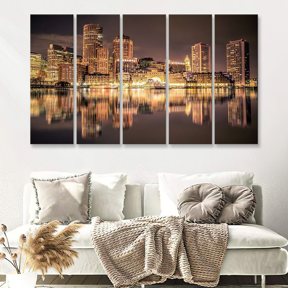 Boston Skyline 5 Pieces Canvas Prints Wall Art - Painting Canvas, Multi Panels, Wall Decor