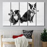 Boston Terriers Smoking Pipes Black And White Print, Larger Canvas Art, 5 Piece Canvas Prints Wall Art Decor