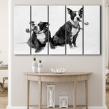 Boston Terriers Smoking Pipes Black And White Print, Larger Canvas Art, 5 Piece Canvas Prints Wall Art Decor