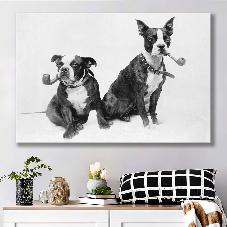 Boston Terriers Smoking Pipes Black And White Print, Canvas Prints Wall Art Home Decor
