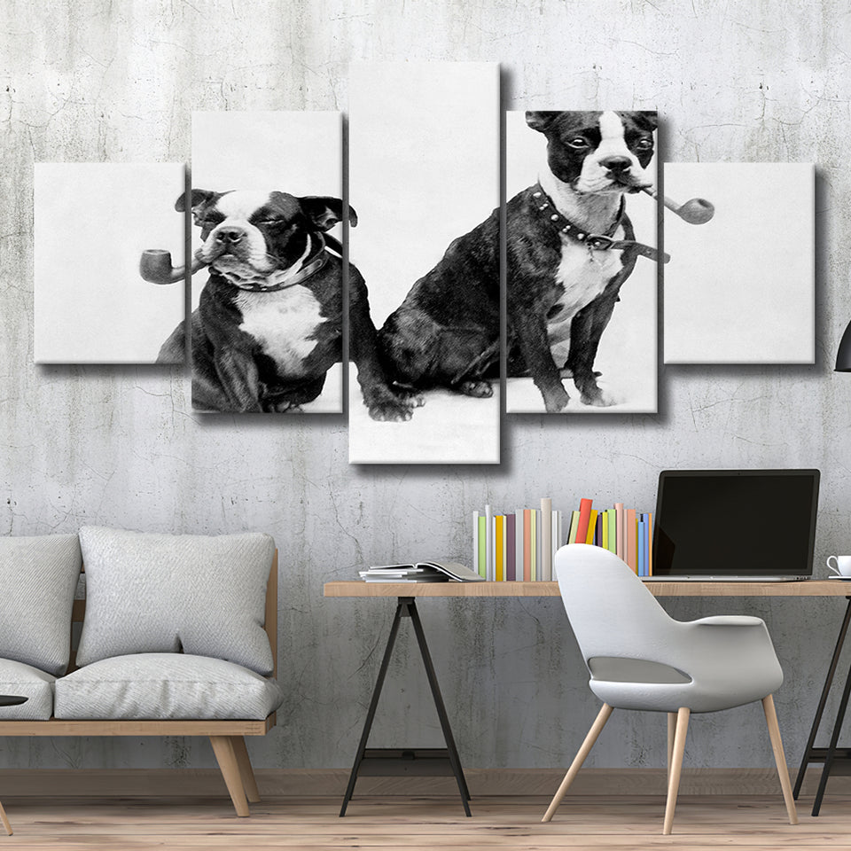 Boston Terriers Smoking Pipes Black And White Print, 5 Panels, Canvas Prints Wall Art Decor, Large Canvas Art