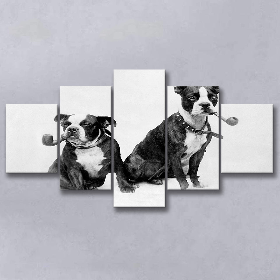 Boston Terriers Smoking Pipes Black And White Print, 5 Panels, Canvas Prints Wall Art Decor, Large Canvas Art