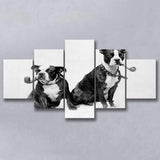 Boston Terriers Smoking Pipes Black And White Print, 5 Panels, Canvas Prints Wall Art Decor, Large Canvas Art