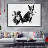 Boston Terriers Smoking Pipes Black And White Print, Framed Canvas Prints Wall Art Home Decor,Floating Frame