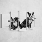Boston Terriers Smoking Pipes Black And White Print, 5 Panels, Canvas Prints Wall Art Decor, Large Canvas Art