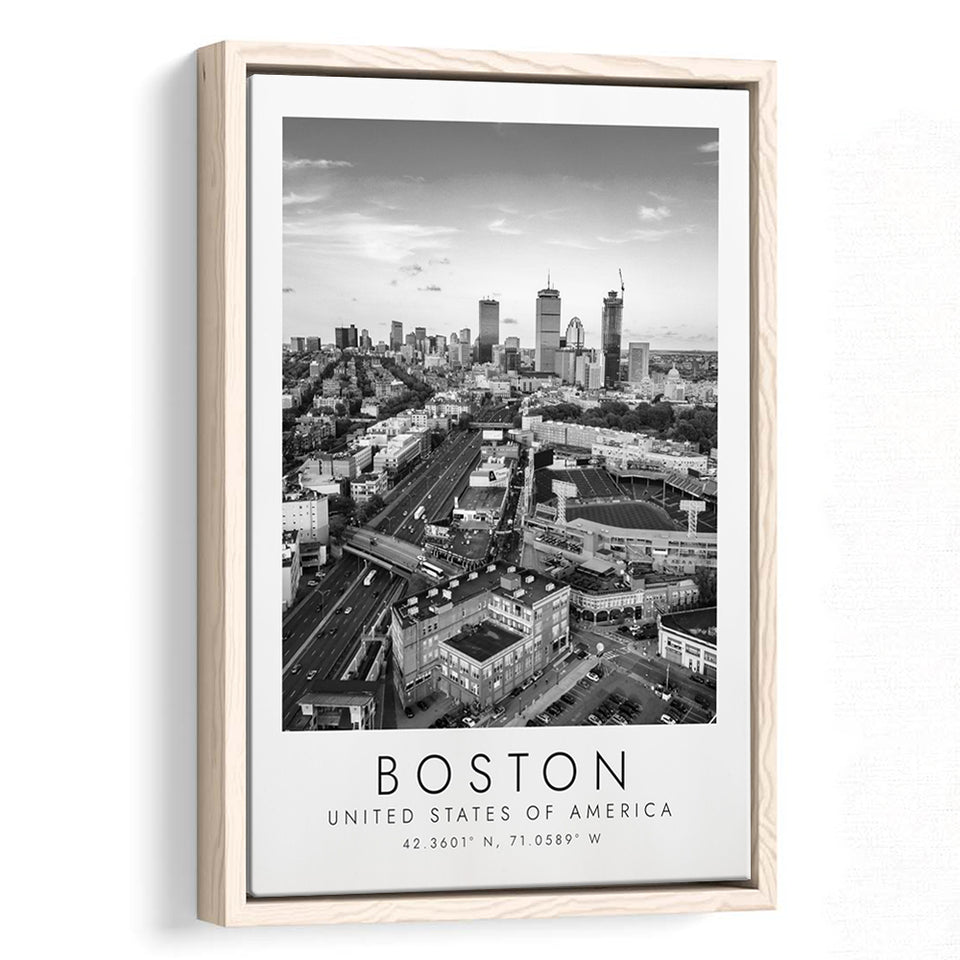 Boston, Usa Fenway Park Print City Skyline Poster Black And White Art Framed Canvas Prints Wall Art Home Decor, Floating Frame