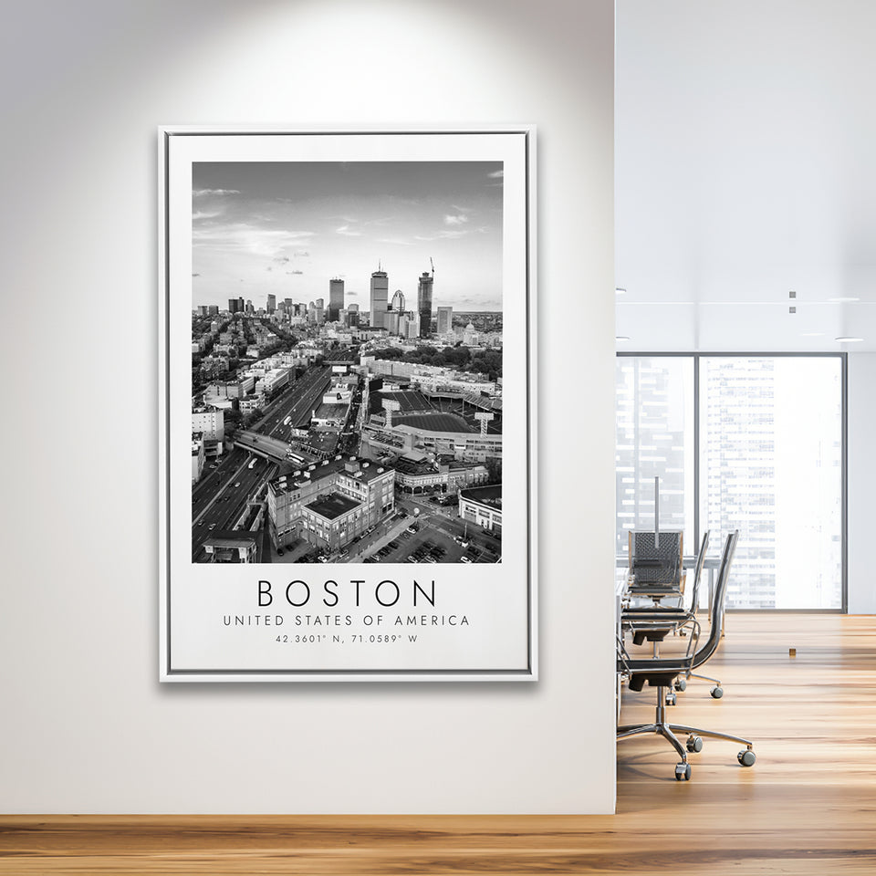 Boston, Usa Fenway Park Print City Skyline Poster Black And White Art Framed Canvas Prints Wall Art Home Decor, Floating Frame