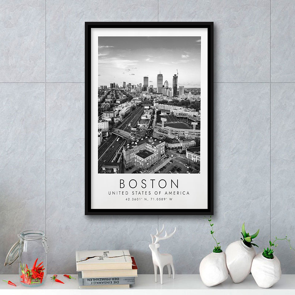 Boston, Usa Fenway Park Print City Skyline Poster Black And White Art Framed Canvas Prints Wall Art Home Decor, Floating Frame