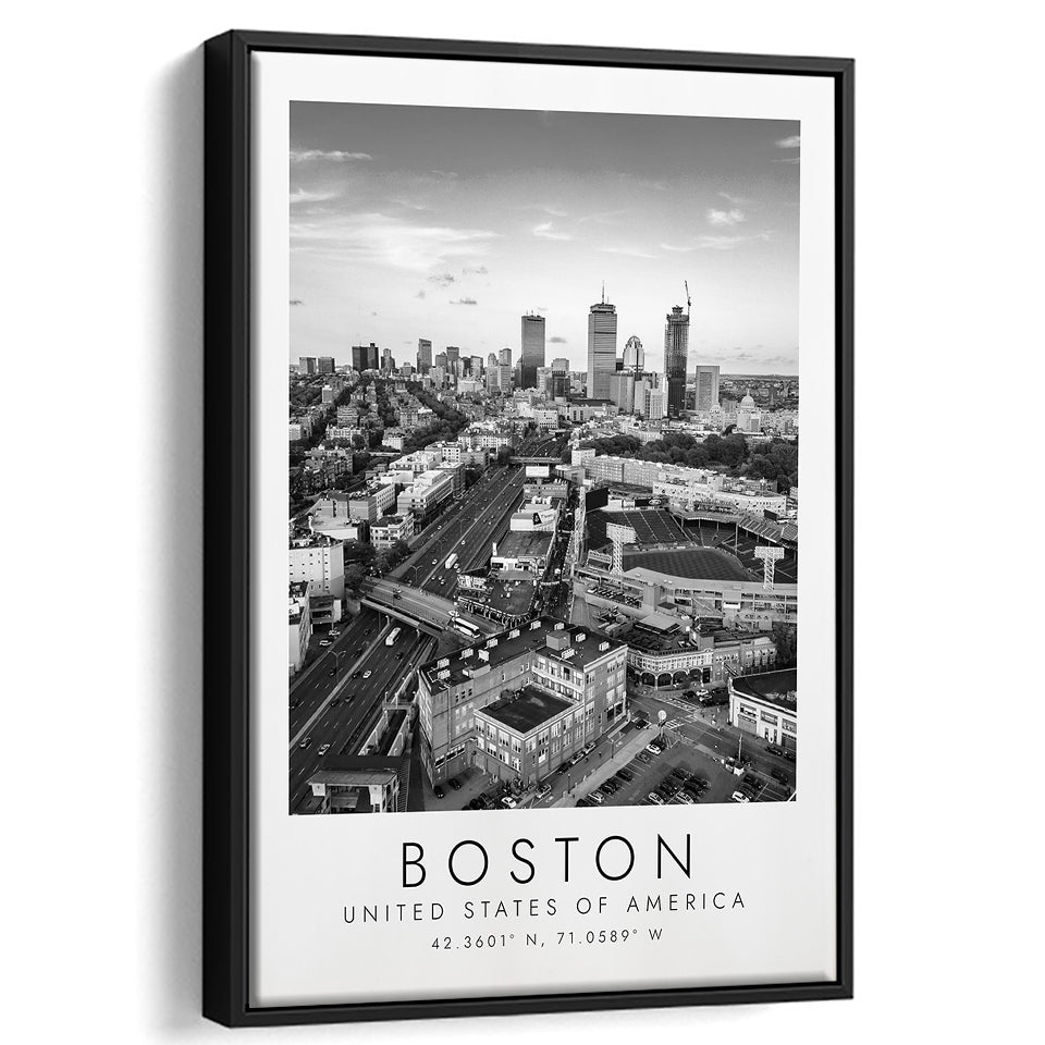 Boston, Usa Fenway Park Print City Skyline Poster Black And White Art Framed Canvas Prints Wall Art Home Decor, Floating Frame