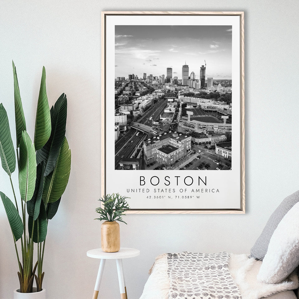 Boston, Usa Fenway Park Print City Skyline Poster Black And White Art Framed Canvas Prints Wall Art Home Decor, Floating Frame