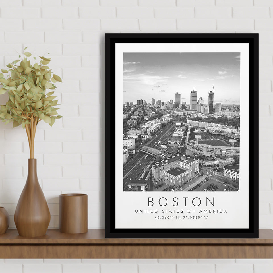 Boston, Usa Fenway Park Print City Skyline Poster Black And White Art Framed Canvas Prints Wall Art Home Decor, Floating Frame