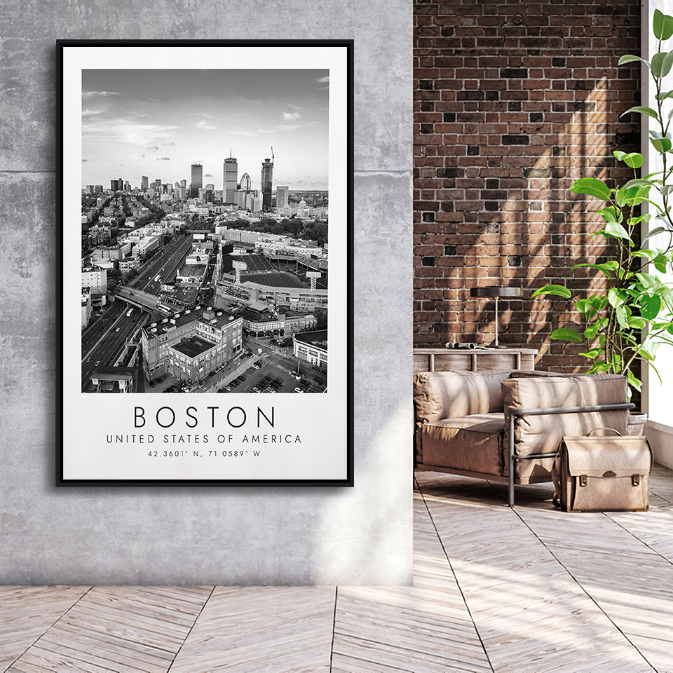 Boston, Usa Fenway Park Print City Skyline Poster Black And White Art Framed Canvas Prints Wall Art Home Decor, Floating Frame