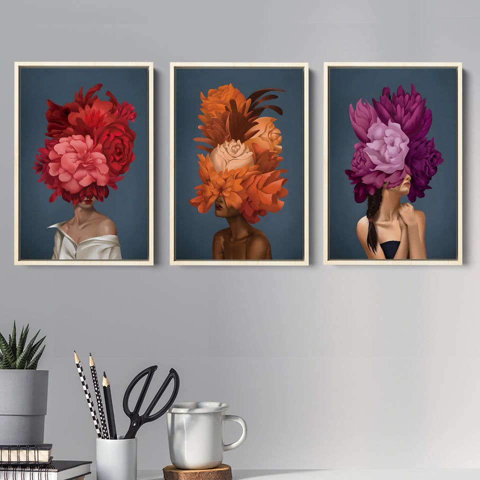 Bouquet Woman Set of 3 Piece Framed Canvas Prints Wall Art Decor